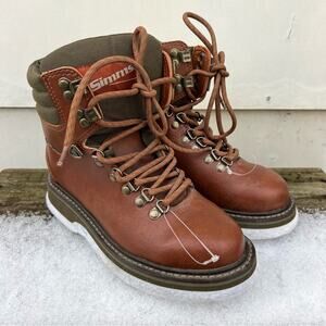 Simms Freestone Fly Fishing Boots Brown Leather Felt Cleat Soles Mens Size 4